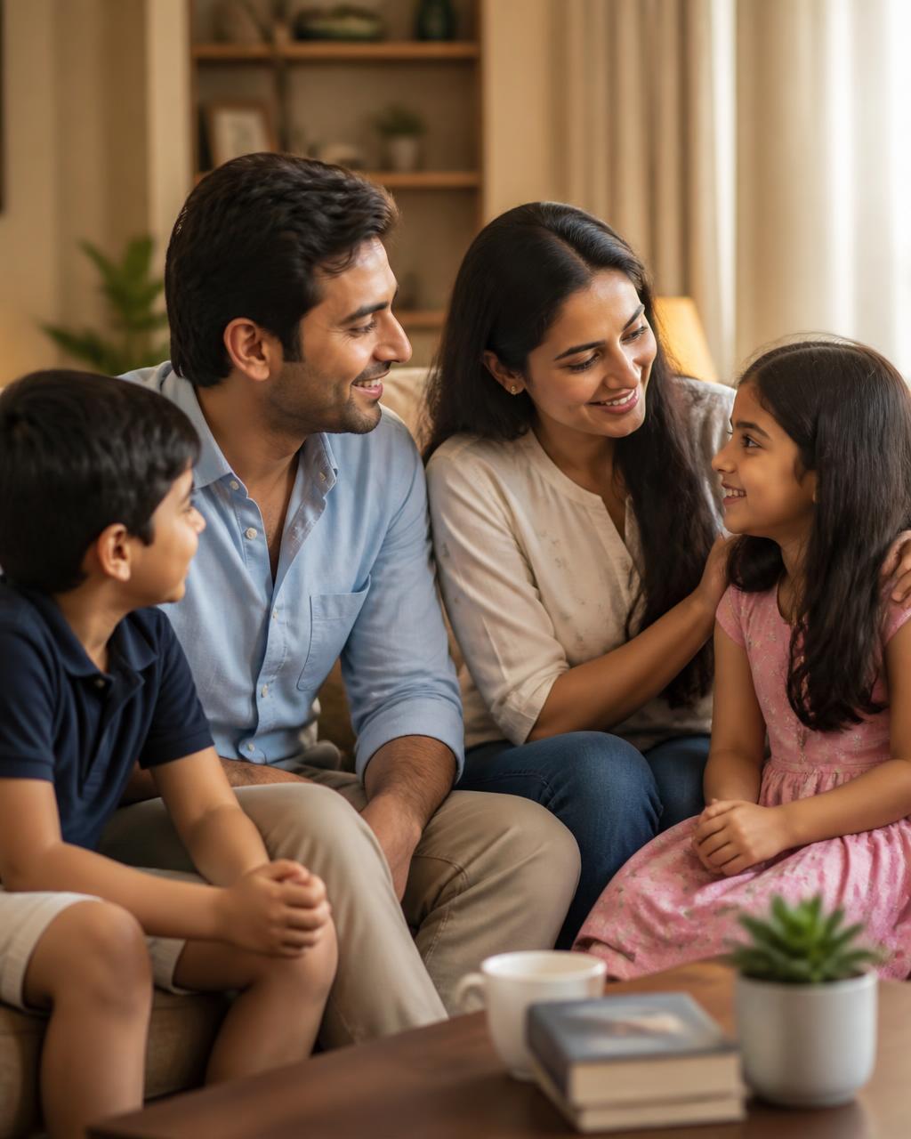 Founder talking with his wife and two children in their living room