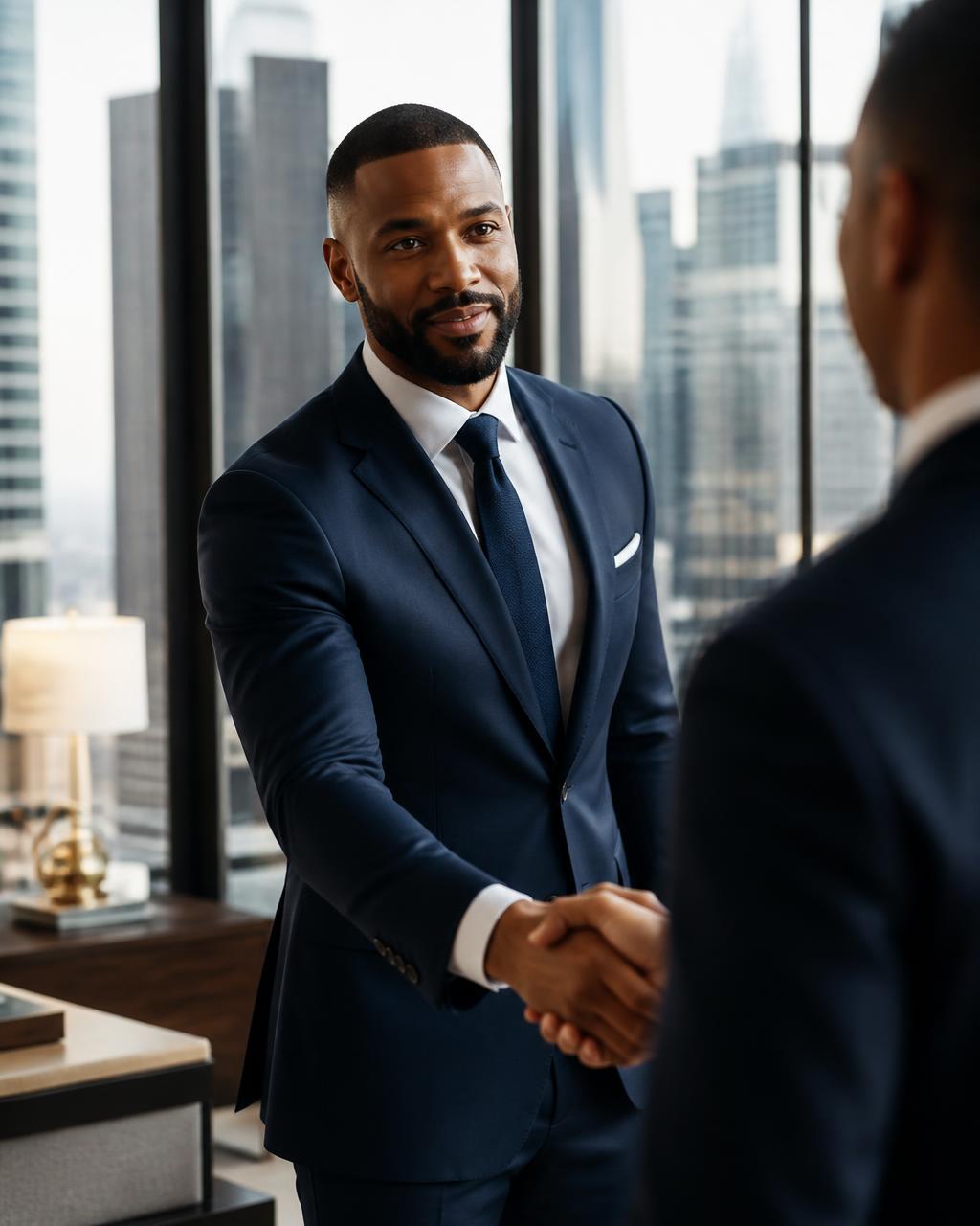 Founder in a tailored navy suit shaking hands with a client in a Manhattan high-rise office